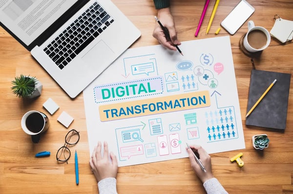 Un bureau vu de dessus avec divers objets de travail, dont un ordinateur portable, des lunettes, une tasse de café, des stylos et des carnets. Au centre, un grand document avec le titre 'DIGITAL TRANSFORMATION' et plusieurs icônes représentant différents aspects de la transformation numérique. Deux personnes travaillent ensemble sur le document, symbolisant la préparation et la planification de la transformation digitale.