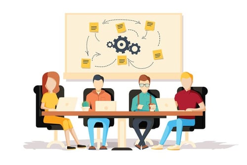 Sur l'illustration, nous avons 4 personnages réunis autour d'une tableau pour gérer un projet