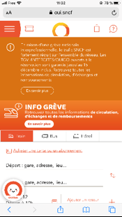Capture d'écran du site OUI.sncf sur mobile