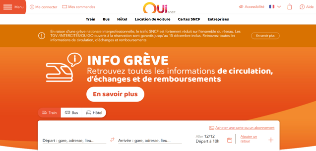 Capture d'écran du site OUI.sncf sur desktop