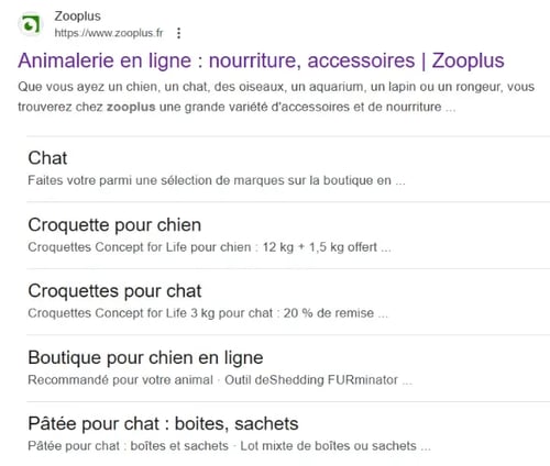 Capture d'écran d'un sitelinks pour zooplus
