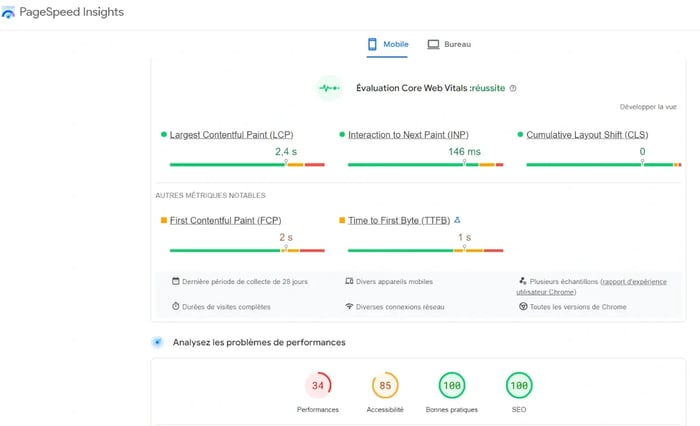 Capture d'écran d'un résultat avec l'outil Google PageSpeed Insights