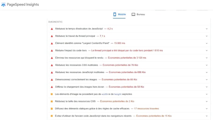 Capture d'écran du résultat du diagnostic sur à l'analyse sur Google PageSpeed Insights