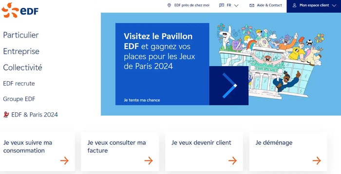 Capture d'écran de la page d'accueil du site d'EDF