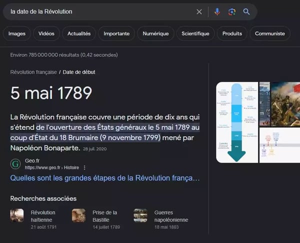 Sur cette capture d'écran, un exemple de featured snippet sur Google.