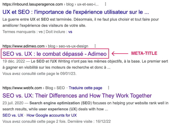 Exemple d'une méta-title. Suite à une recherche sur Google des mots-clés : SEO et UX, des articles de blog sont remontés dans la recherche et le titre qui apparait dans les résultats du moteur de recherche correspond à la balise meta-title renseignée dans l'article.
