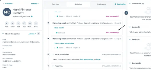 Capture d'écran du back-office d'HubSpot pour illustrer la visualisation des emails personnalisés directement depuis la fiche contact