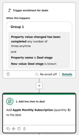 Capture d'écran du back-office de HubSpot pour montrer qu'il est possible d'ajouter automatiquement des lignes de produits dans les opportunités