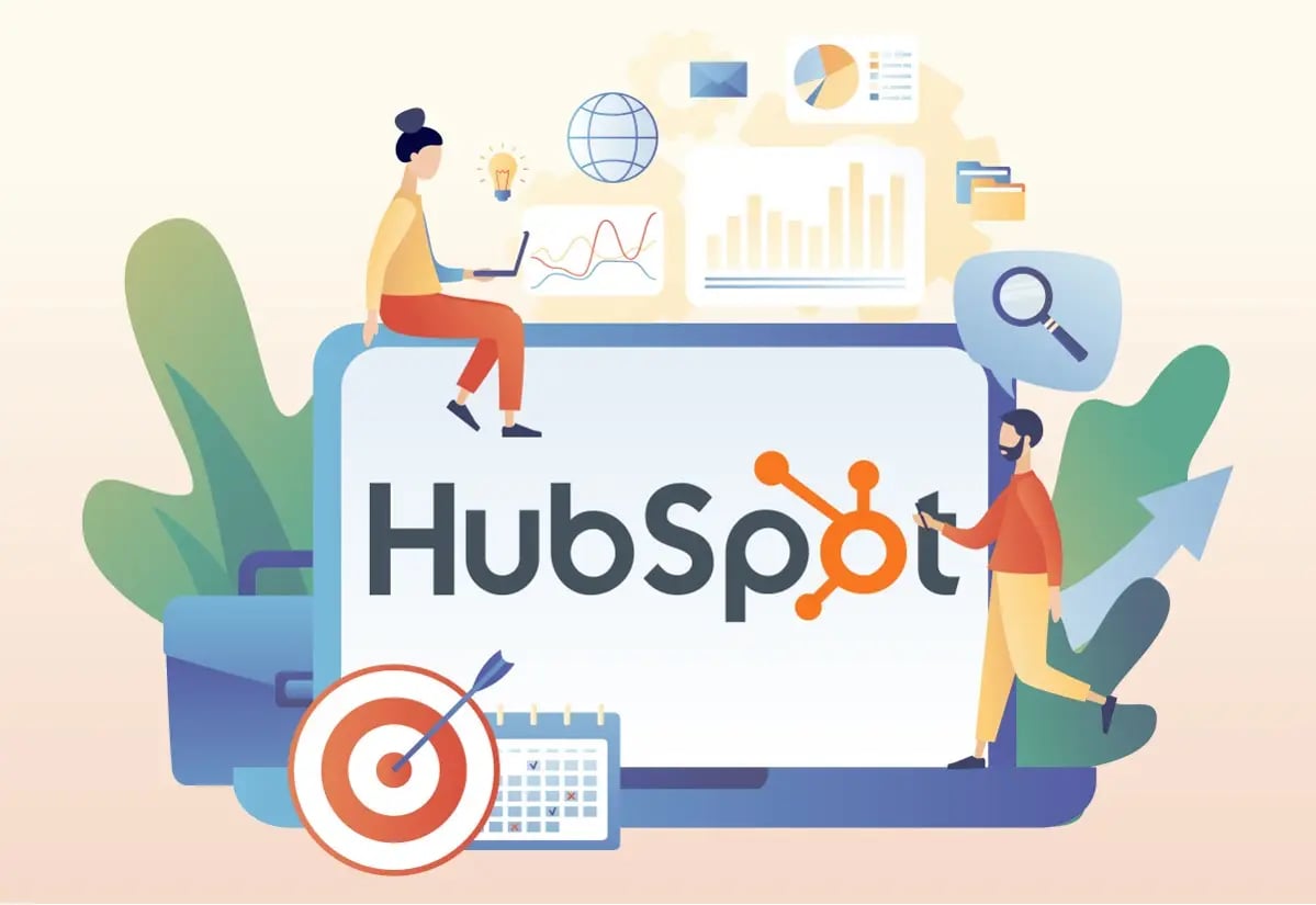HubSpot, l'illustration montre un écran d'ordinateur avec le logo au centre