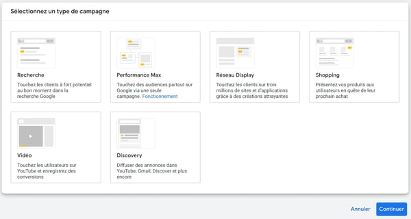 Capture d'écran du back-office de Google Ads pour déterminer le type de campagne