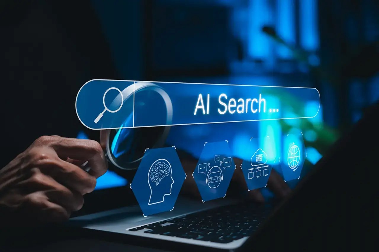 Une personne fait une recherche sur un moteur de recherche alimenté par l'intelligence artificielle