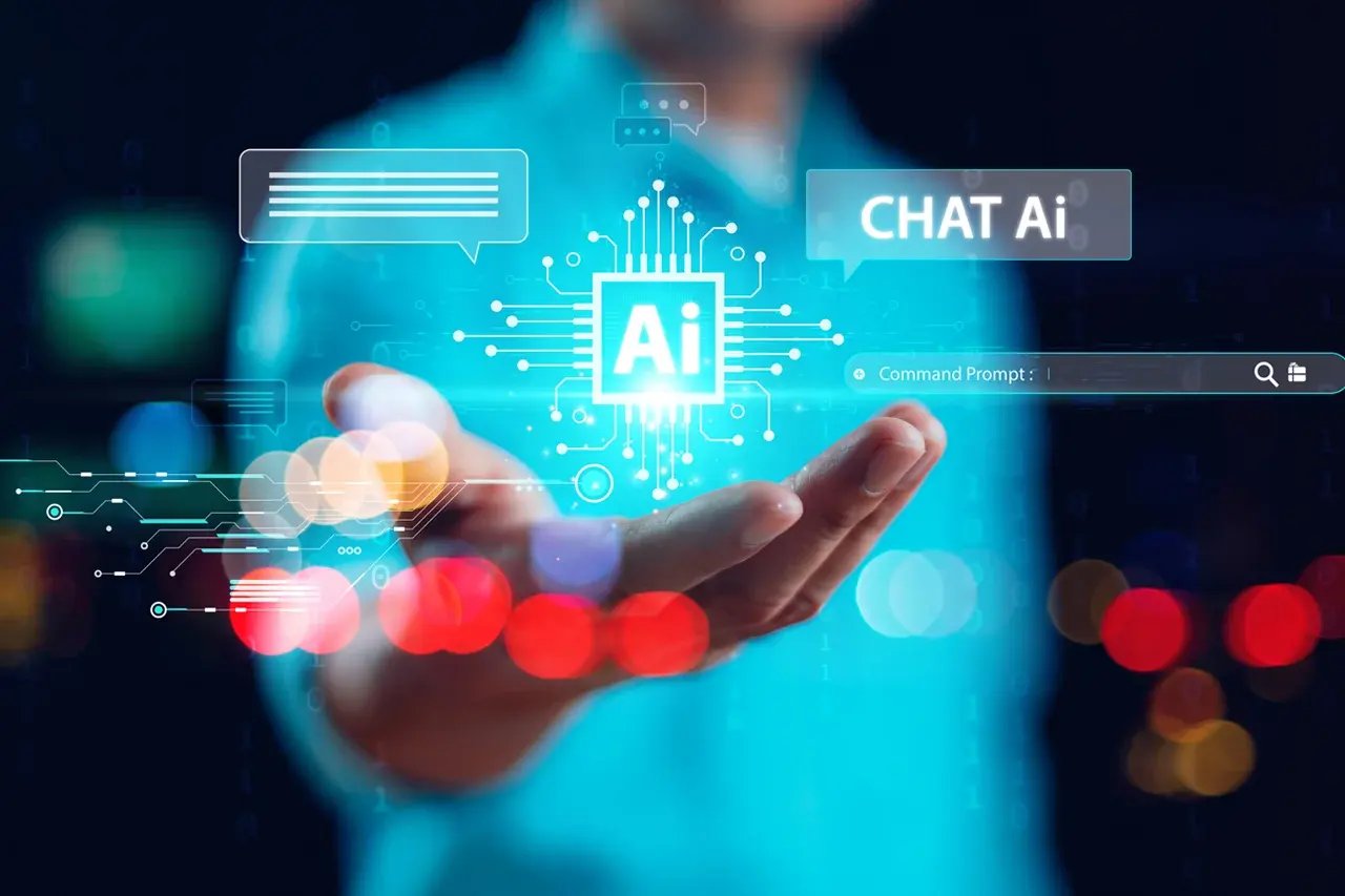 Une personne montrant un graphique virtuel de connexion globale à Internet, discutant avec un robot d’intelligence artificielle, service d’intelligence artificielle.