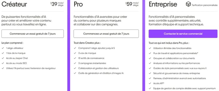 Capture d'écran des tarifs pratiqués par Jasper AI au mois de décembre 2024