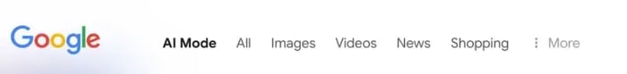 Interface de Google Search affichant l’onglet AI Mode aux côtés des résultats classiques (Images, Vidéos, Actualités, Shopping)