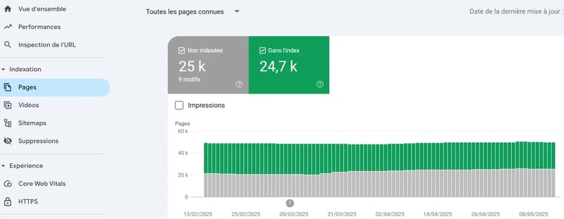 Capture d'écran de l'onglet "Pages" dans Google Search Console