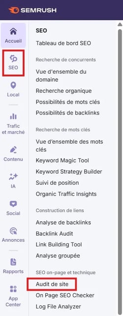 Capture d'écran de l'onglet Audit SEO dans l'outil SemRush