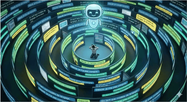 Illustration montrant un utilisateur dépassé au centre de boucles de messages “Désolé, je n’ai pas compris”, symbole des échecs de dialogue et hallucinations d’un chatbot mal maîtrisé.