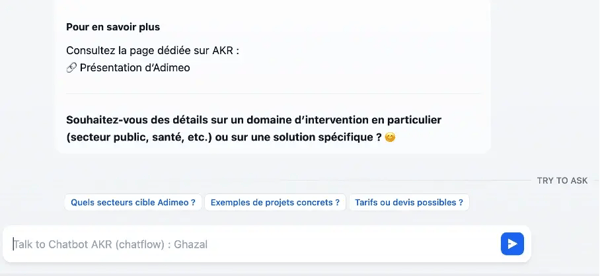 Interface d’un chatbot d’entreprise proposant des liens utiles et des questions suggérées pour guider l’utilisateur dans sa recherche d’informations.
