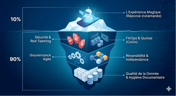 Illustration en iceberg montrant que l’expérience utilisateur visible d’un chatbot repose sur des fondations invisibles : sécurité, gouvernance, qualité des données, coûts et réversibilité.