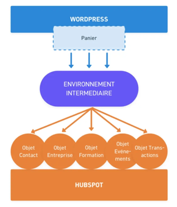 Schéma d’intégration API entre WordPress et HubSpot pour synchroniser transactions et données clients