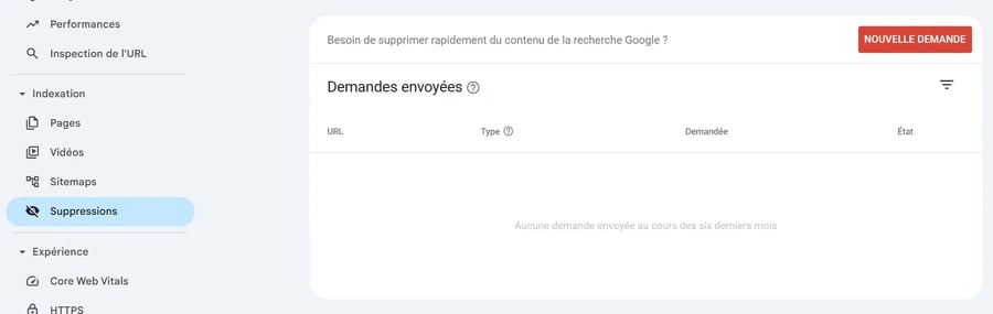 Capture d'écran de Google Search Console avec l'onglet de désindexation (suppressions) d'activé