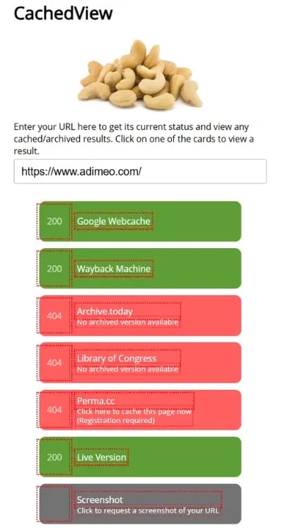 Capture d'écran d'une recherche pour le site d'Adimeo sur l'outil CachedView