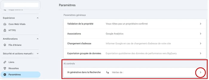 Paramètre de Google Search Console permettant de gérer l’utilisation du contenu dans la recherche avec IA générative