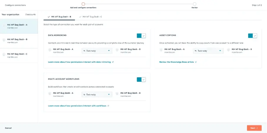 Capture d'écran de l'interface de HubSpot pour expliquer le multi-account workflows