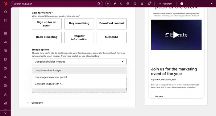 Capture d'écran de l'interface de HubSpot pour montrer la génération d'images par l'IA pour les landing pages