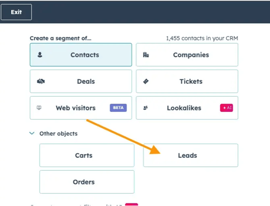 Capture d'écran de l'interface de HubSpot pour illustrer la segmentation par les leads
