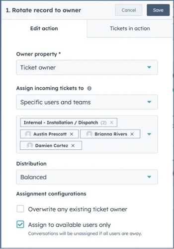 Capture de l'interface de HubSpot pour illustrer la rotation des tickets