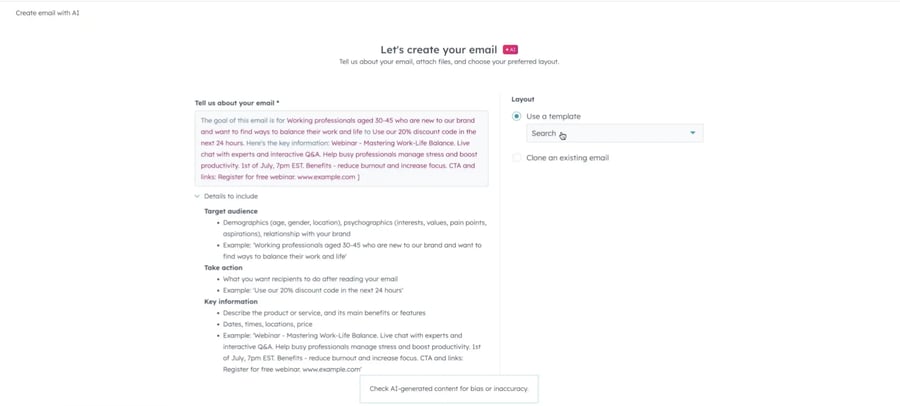 Capture d'écran de l'interface de rédaction pour la rédaction d'e-mails optimisées par l'IA