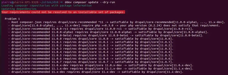 Capture d'écran montrant un exemple de conflit empêchant la mise à jour. Ici, mauvaise version de php