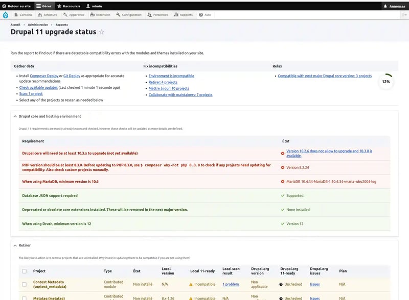 Capture d'écran montrant un rapport de compatibilité fourni par Upgrade Status