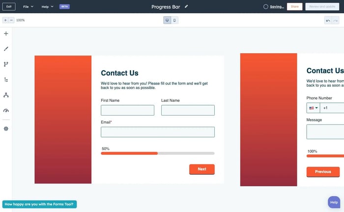 Capture d'écran montrant la nouvelle barre de progression dans les formulaires HubSpot
