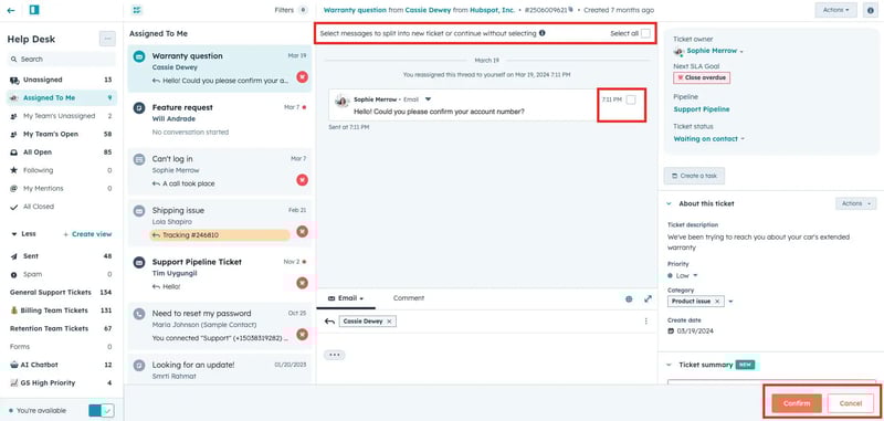 Capture d'écran montrant comment est géré la division des tickets dans le CRM HubSpot