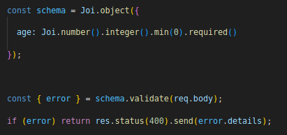 Capture d'écran d'un bout de code illustrant l'erreur n°4 - Oublier la validation des données. Et voici le résultat avec le framework Joi.