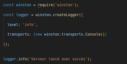 Capture d'écran d'un bout de code illustrant l'erreur n°5 - Négliger les logs et le monitoring. Et voici le résultat avec l'utilisation d'un système log comme Winston