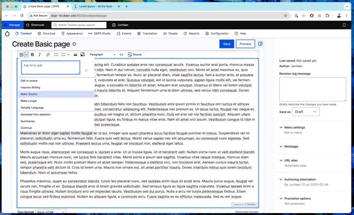 Interface de génération IA de contenu intégré dans Drupal avec des outils d’amélioration, réécriture, etc.