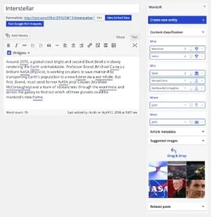 Interface du module Wordlift intégré à WordPress qui permet d’extraire des entités d’un contenu brut