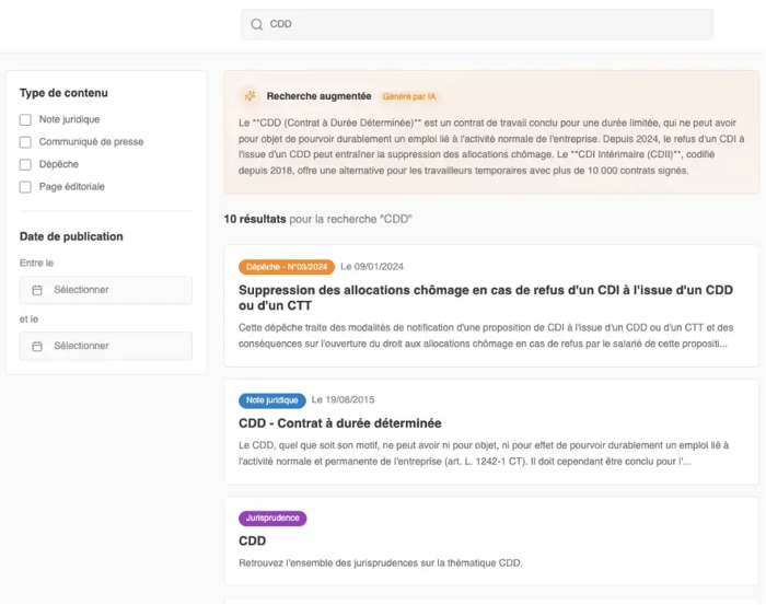 Exemple d’interface de recherche augmentée couplée à une liste de résultats classique