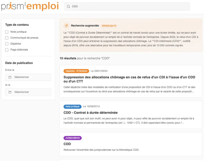 Exemple d’interface de recherche augmentée couplée à une liste de résultats classique