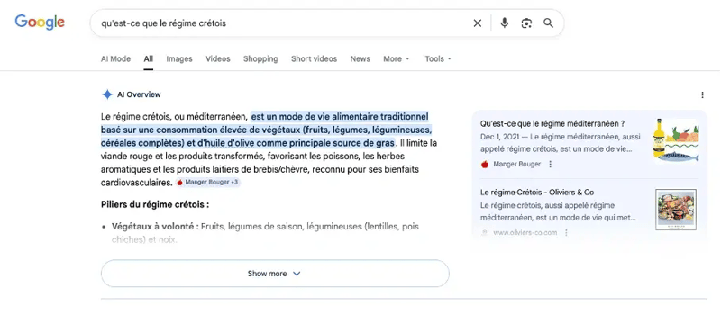 Exemple de résultat Google AI Overview pour la question "qu'est-ce que le régime crétois"