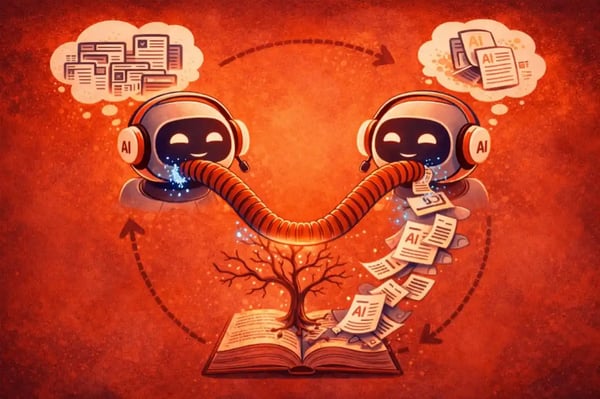Illustration de deux intelligences artificielles connectées échangeant des données en boucle autour d’un livre ouvert, symbolisant l’apprentissage et la génération de contenu