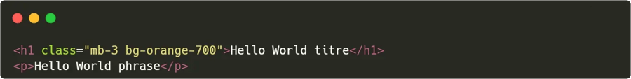 Exemple de classes utilitaires TailwindCSS appliquées à un titre et un paragraphe HTML