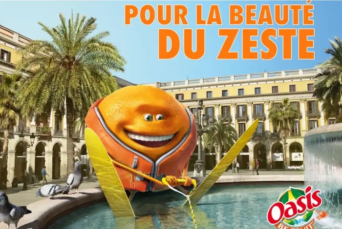 Pub Oasis - Avec l'orange qui fait du ski nautique et un texte "Pour la beauté du zeste"