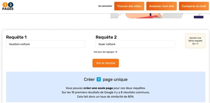 Capture d'écran du site 12pages avec la recherche "location voiture" et "louer voiture"