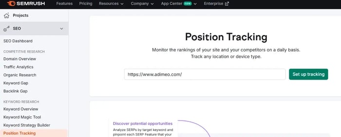 Capture d'écran du Semrush, page "position Tracking" pour une recherche sur Adimeo 