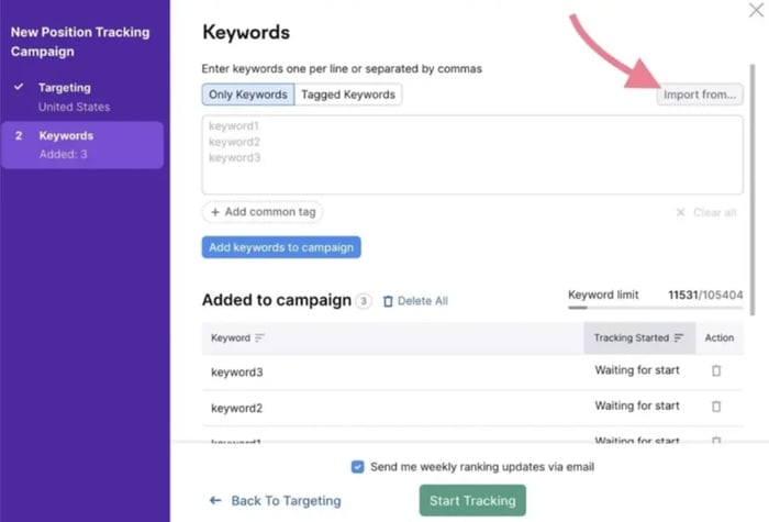 Capture d'écran de l'interface Semrush pour ajouter des mots clés.