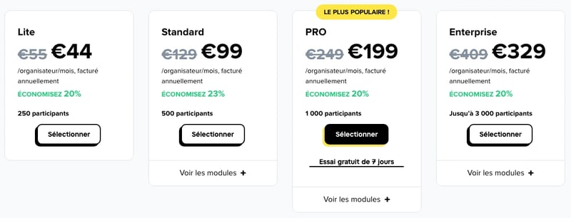 Capture d'écran des tarifs de la plateforme GoTo Webinar au 20 février 2024